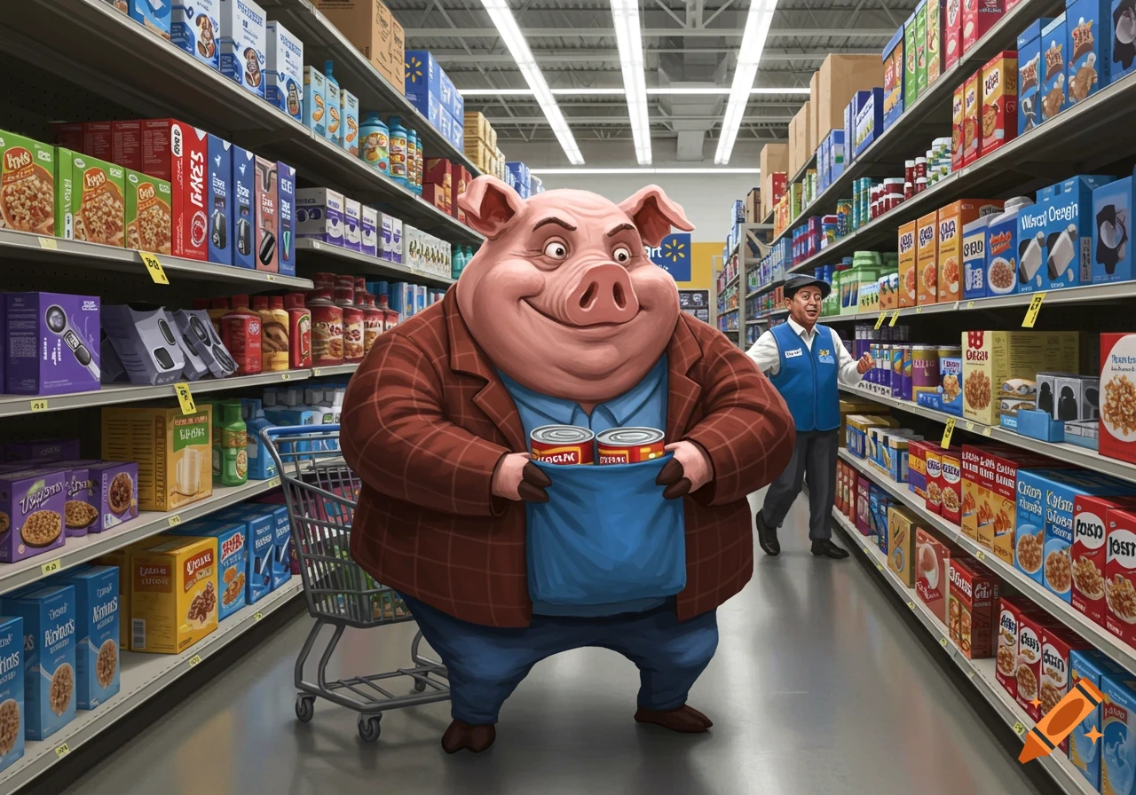 An anthropomorphic pig wearing a plaid jacket and blue shirt shoplifts cans from a blue bag in a Walmart aisle, while an employee smiles in the background. Cartoon style.