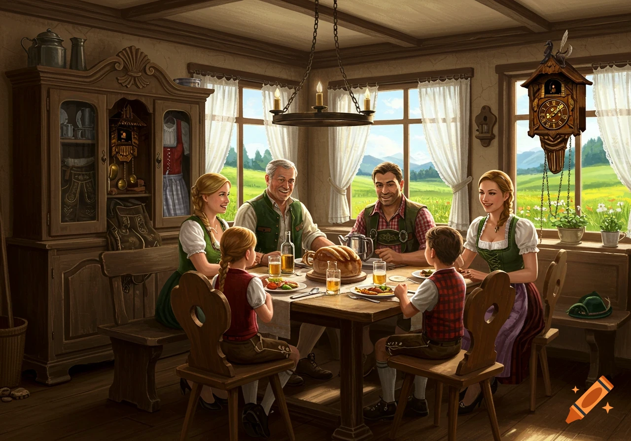 A German family dines in a rustic home, featuring smiling adults and children in traditional attire around a wooden table.