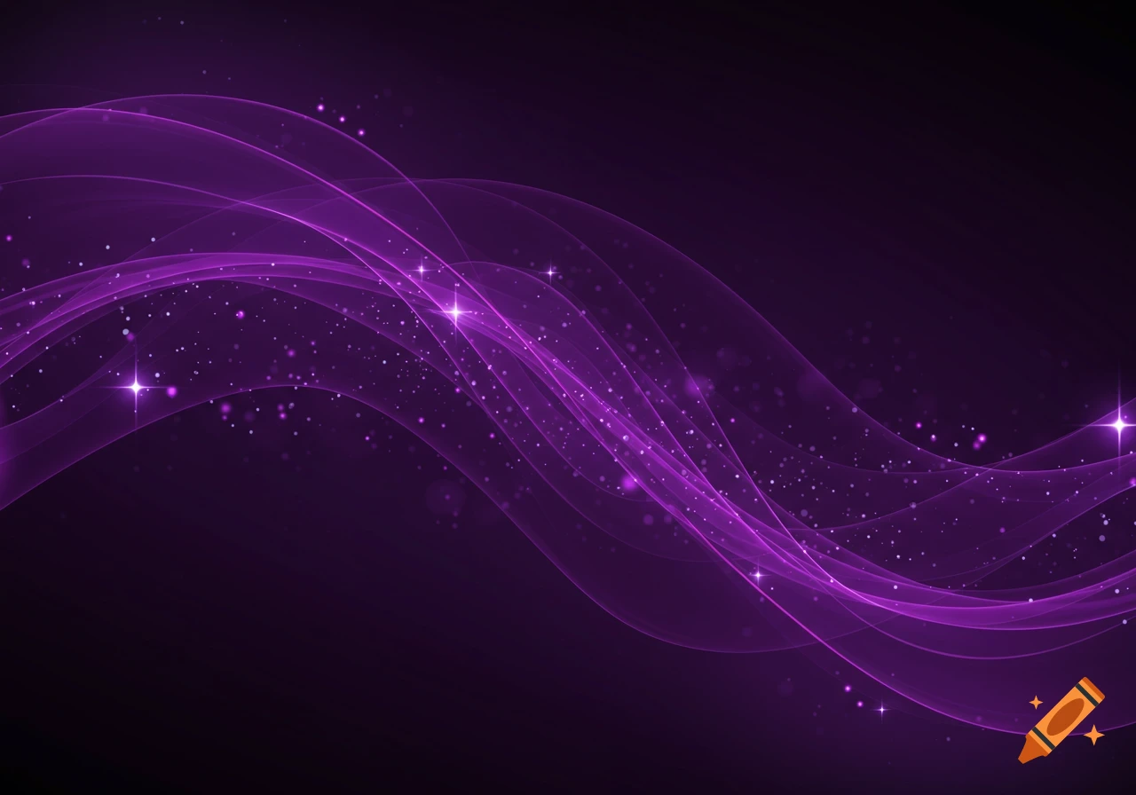Abstract digital art featuring glowing purple wavy lines and sparkling particles on a dark background.