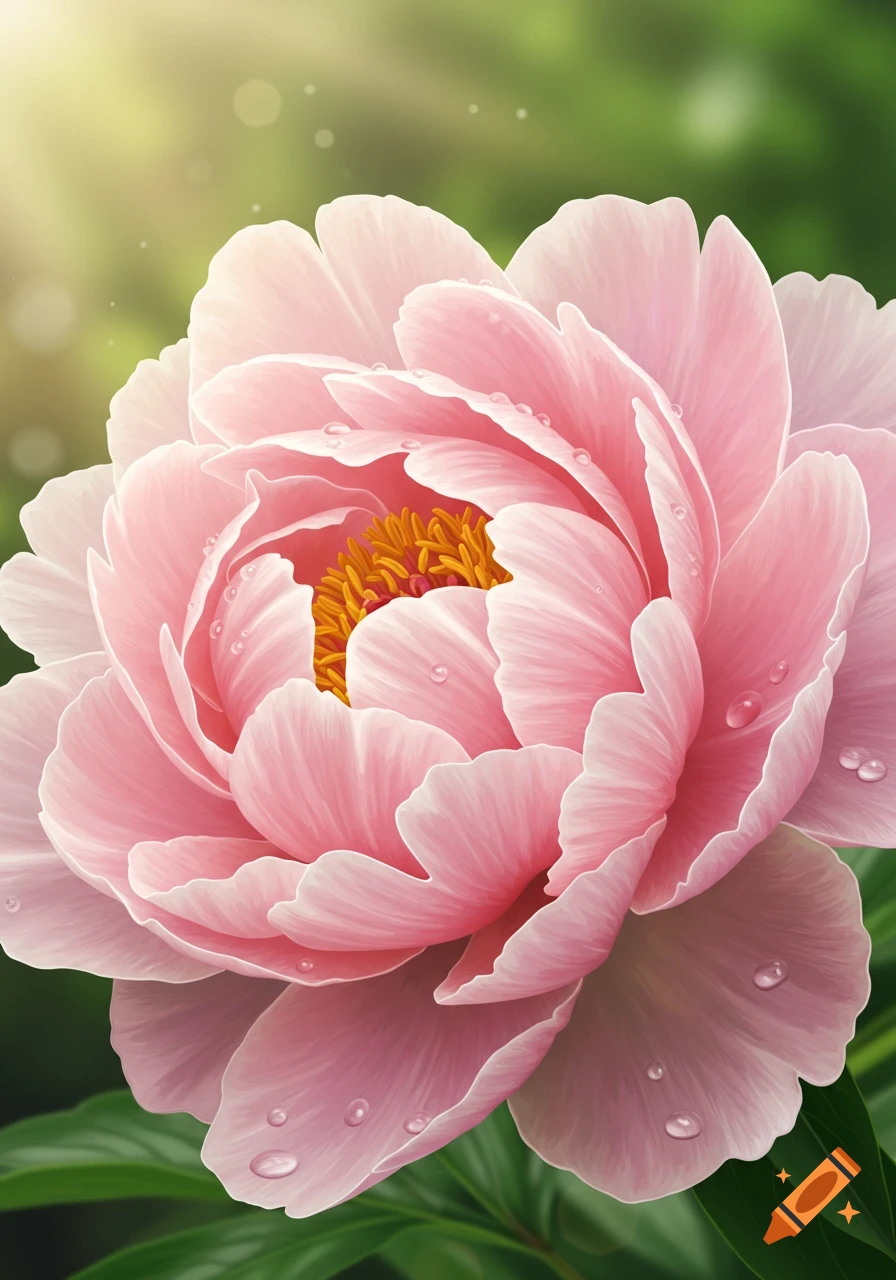 Close-up of a vibrant pink peony flower with water droplets on its petals, set against a soft green background with sun rays.