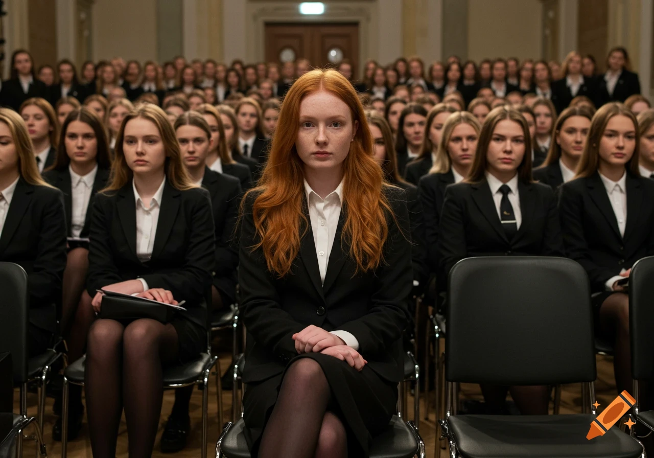 A young redhead woman in a black suit sits front and center in an auditorium full of other women in similar black suits.