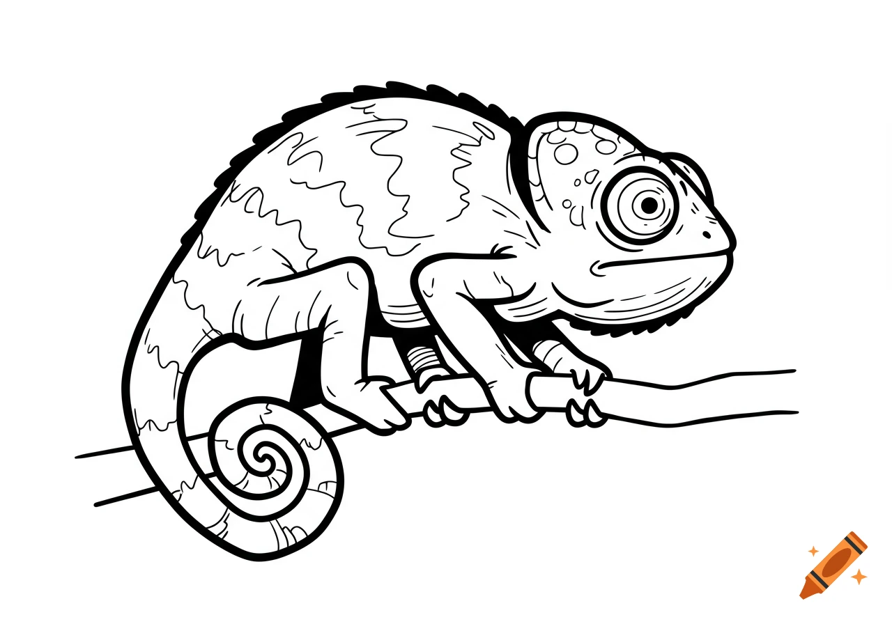 Stylized black and white line drawing of a cute chameleon on a branch, side view.