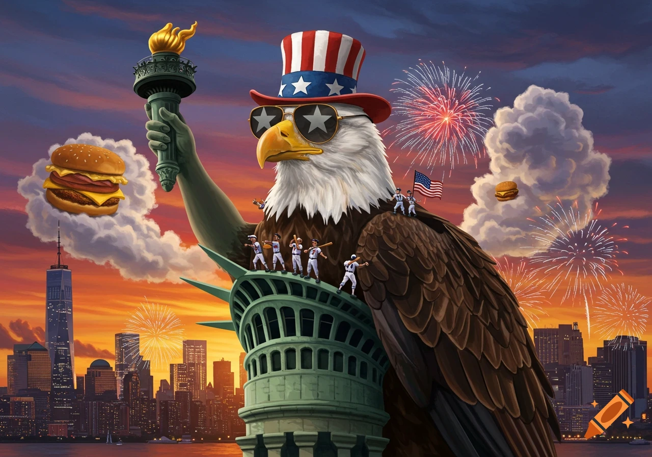 Giant patriotic bald eagle wearing an Uncle Sam hat and sunglasses, merged with the Statue of Liberty, overlooks NYC with fireworks and floating burgers. Tiny baseball players are on its back.