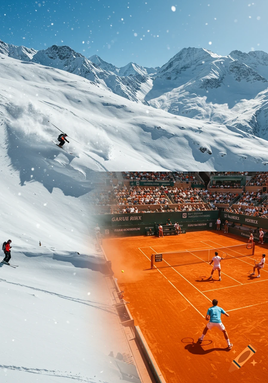 A vertical collage showing a skier spraying snow on a sunny mountain slope, seamlessly blending into a clay tennis court with players during a match.