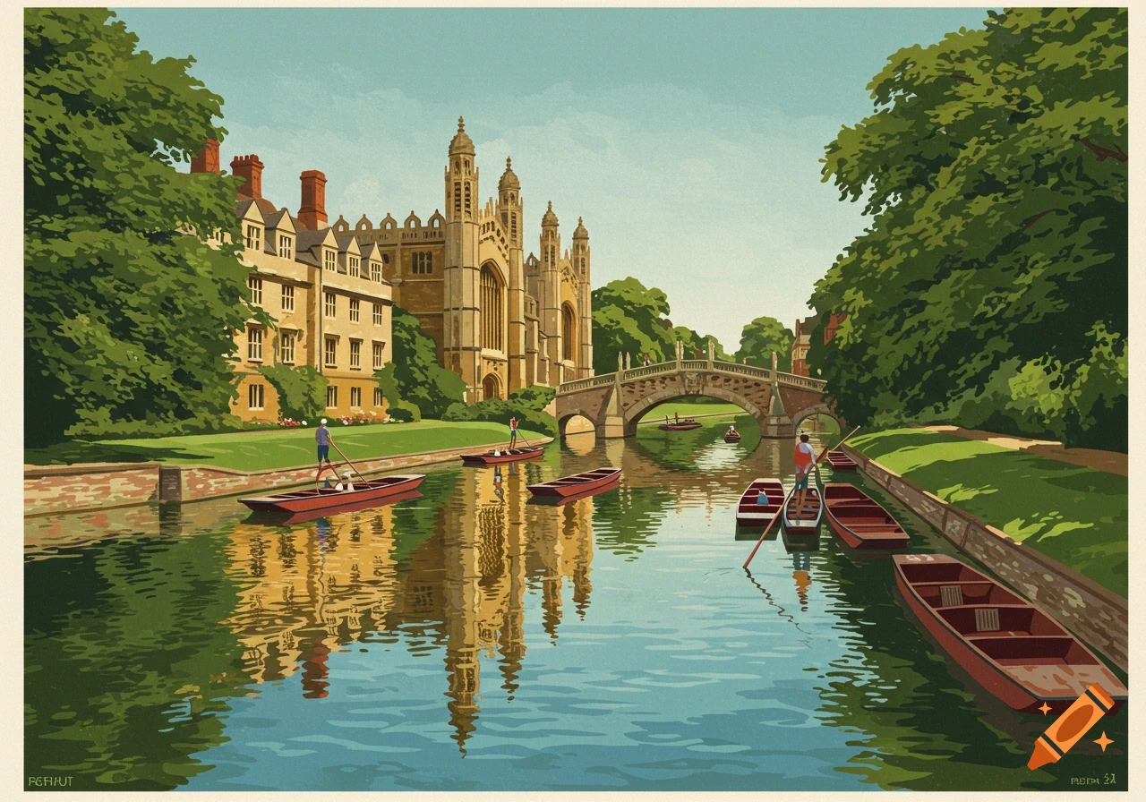 Scenic railway travel poster illustration of the River Cam in Cambridge, featuring King's College Chapel, a bridge, and punts.