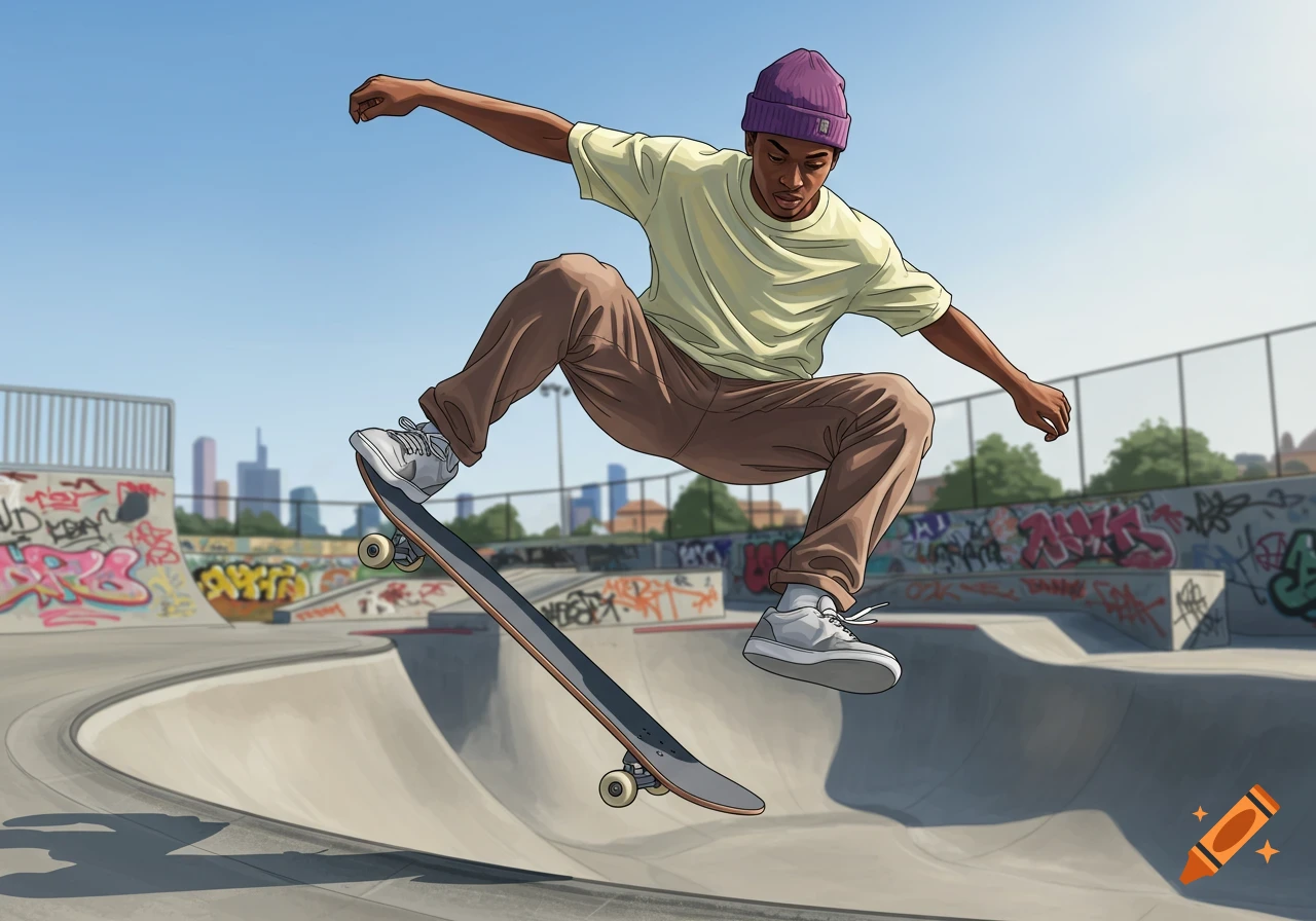 A cartoon illustration of a young man in a purple beanie on a skateboard, mid-air, performing a trick at a skate park with graffiti-covered walls.