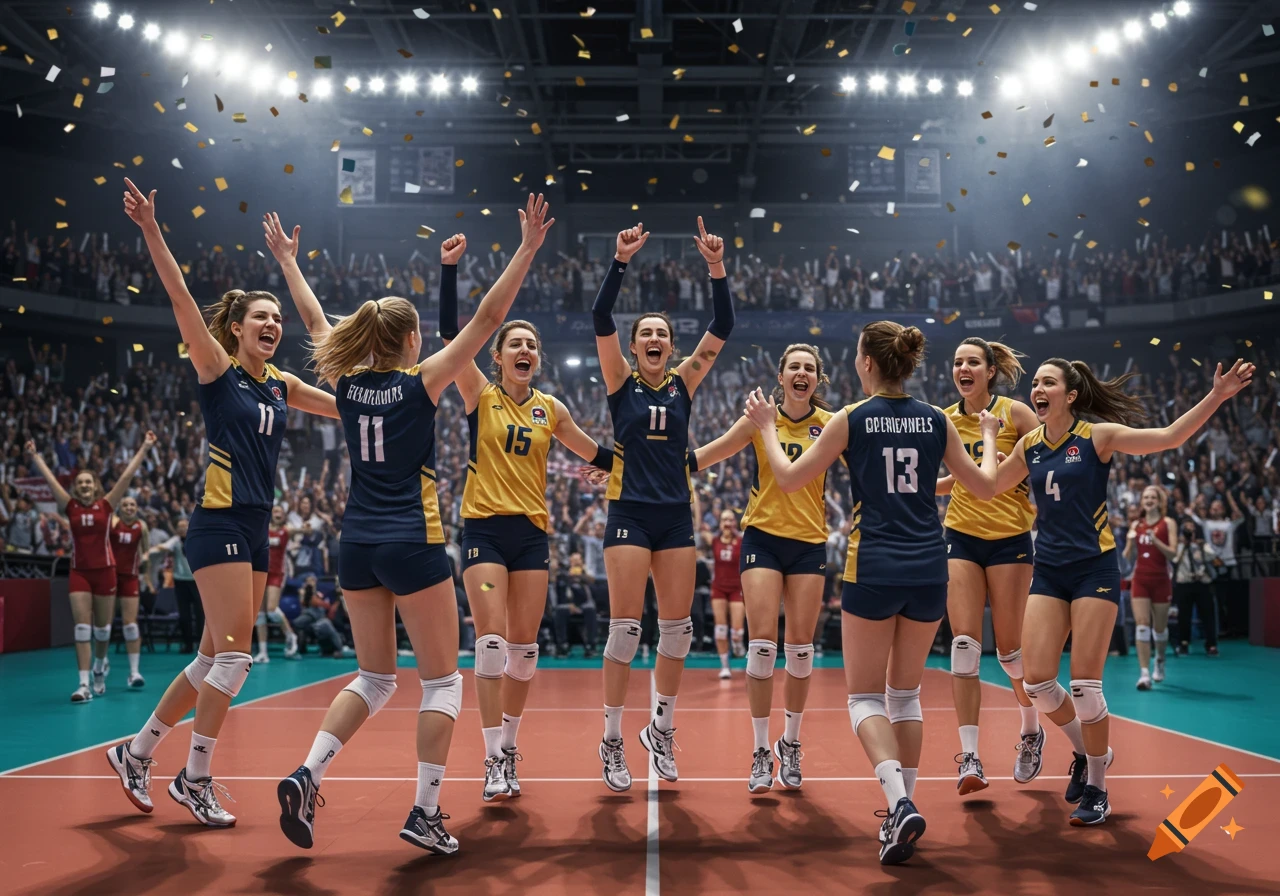 A women's volleyball team celebrates victory on the court as golden confetti falls, in a brightly lit stadium.