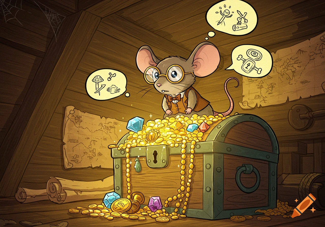 A cute, bespectacled cartoon mouse stands on a treasure chest overflowing with gold coins and gems in a wooden attic.