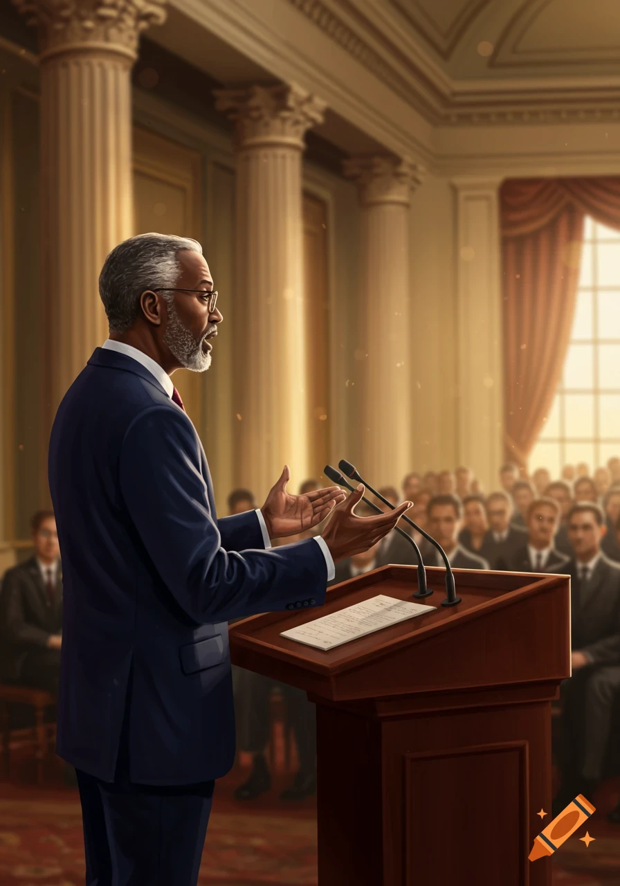 A distinguished man with gray hair and a beard, wearing a suit, speaks at a podium with two microphones in a grand hall, addressing an audience.