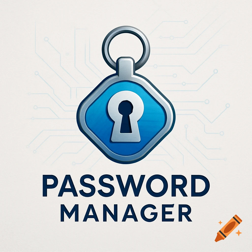A modern logo featuring a blue and silver keychain with a keyhole icon, above the text "PASSWORD MANAGER" on a light background with subtle circuit patterns.