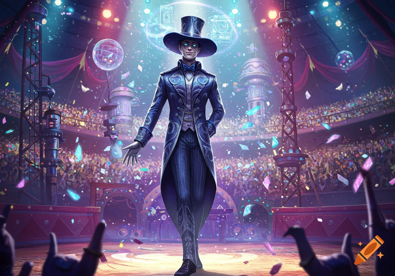 A stylish magician-like character with glowing blue eyes and a top hat stands on a vibrant circus stage amidst colorful confetti.