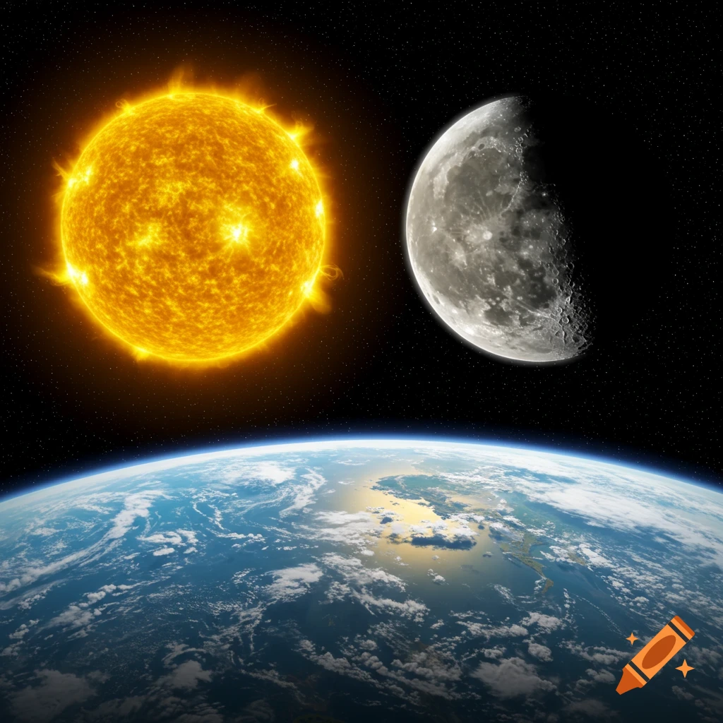 Photorealistic depiction of the Sun, Moon, and Earth in space against a starry background.