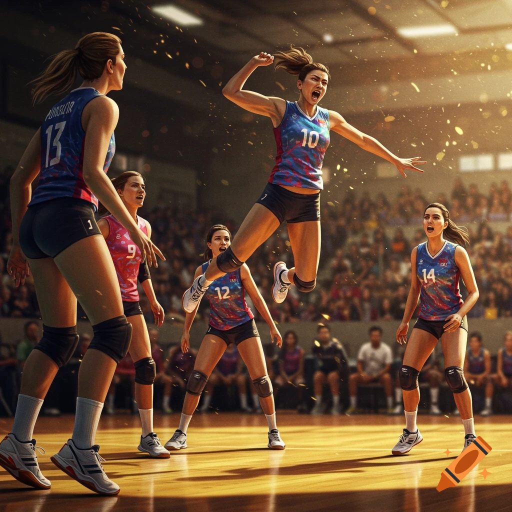 Photorealistic image of women playing volleyball in an indoor court. One player jumps to spike the ball.