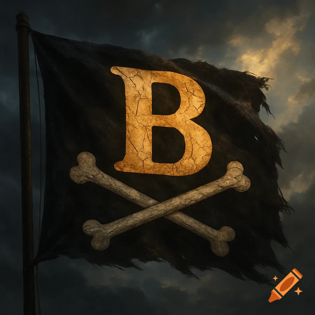 A tattered black pirate flag with a cracked golden letter B in the center, overlapping two white crossbones, against a dark, stormy sky.