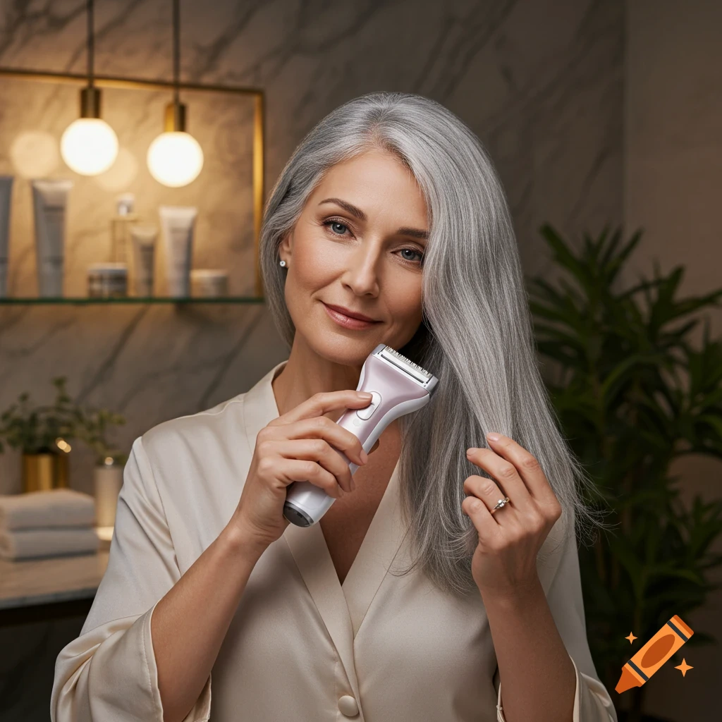 A smiling woman with long gray hair in a silk robe holds a personal trimmer to her hair in a modern bathroom.