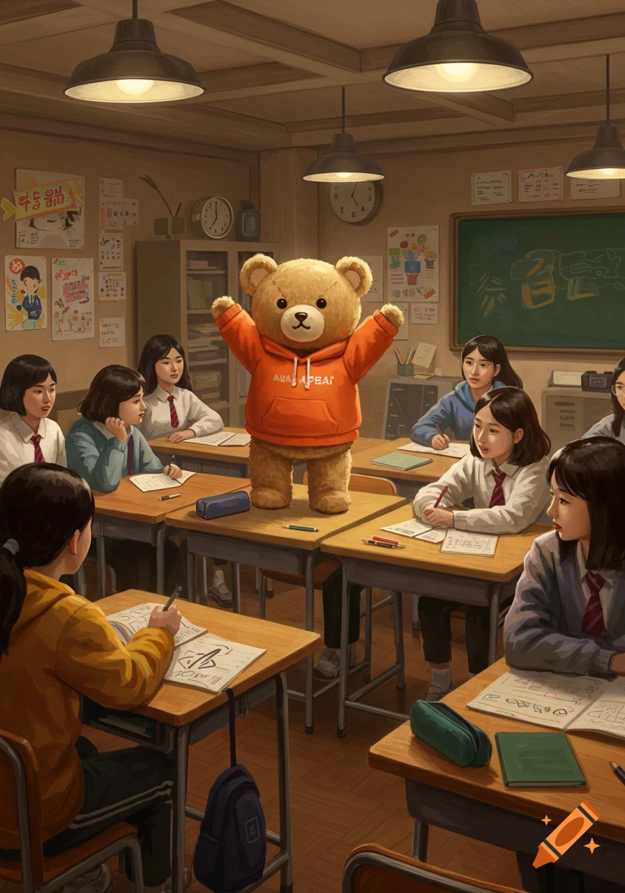 A teddy bear in an orange hoodie stands on a desk in a classroom, surrounded by Korean students taking notes.