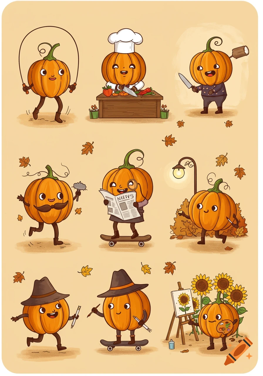 Nine cartoon pumpkins engaged in various autumn activities like skipping, cooking, shaving, skateboarding, and painting, with fall leaves.