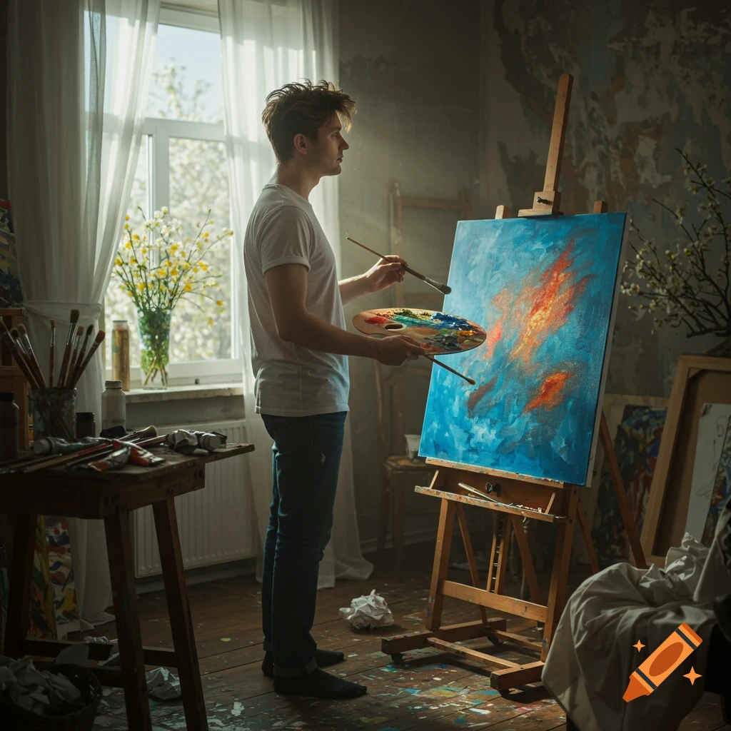 A photorealistic image of a man painting at an easel in a sunlit art studio.
