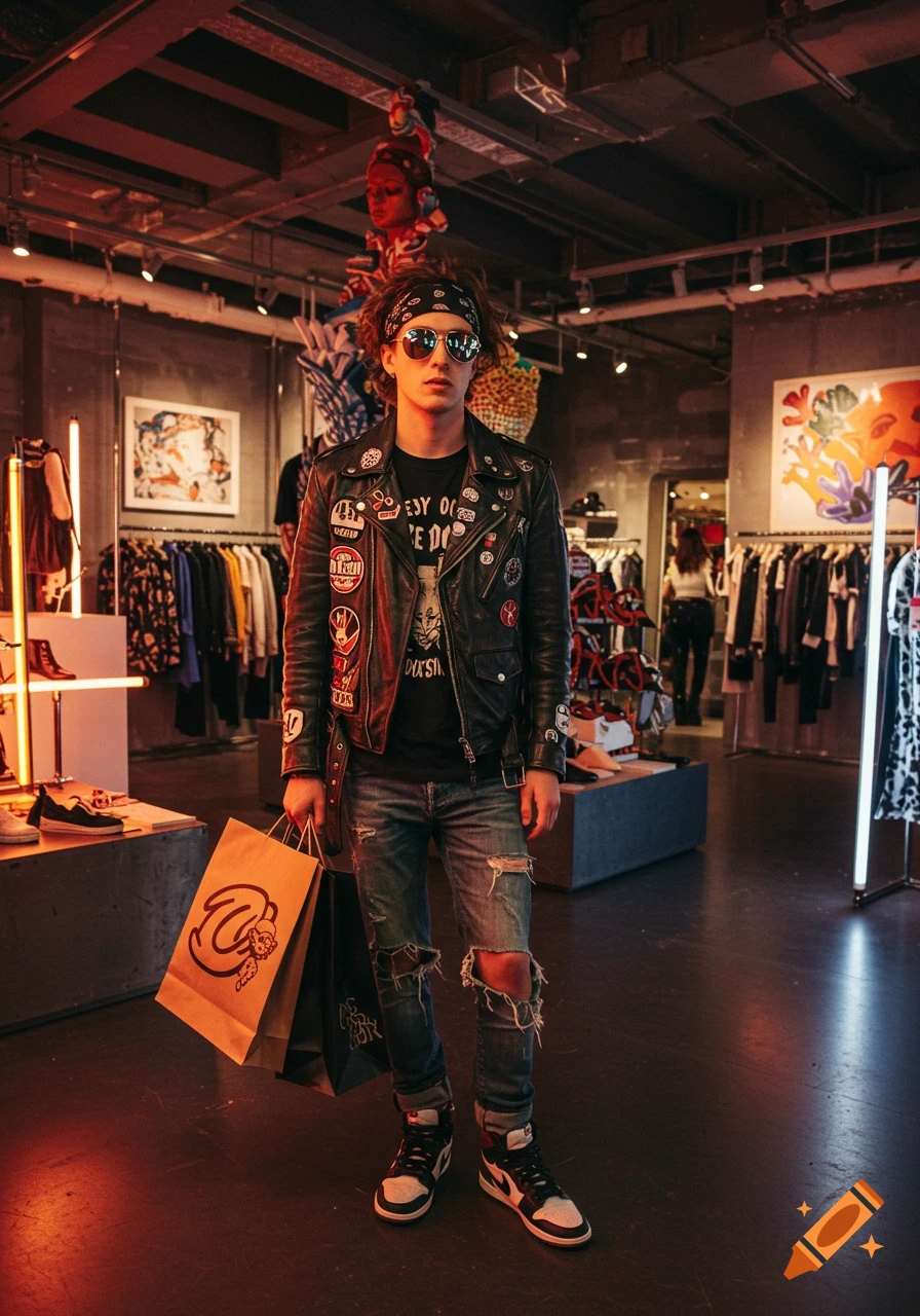 A young man in a leather jacket, ripped jeans, and sunglasses holds shopping bags in a modern clothing store.