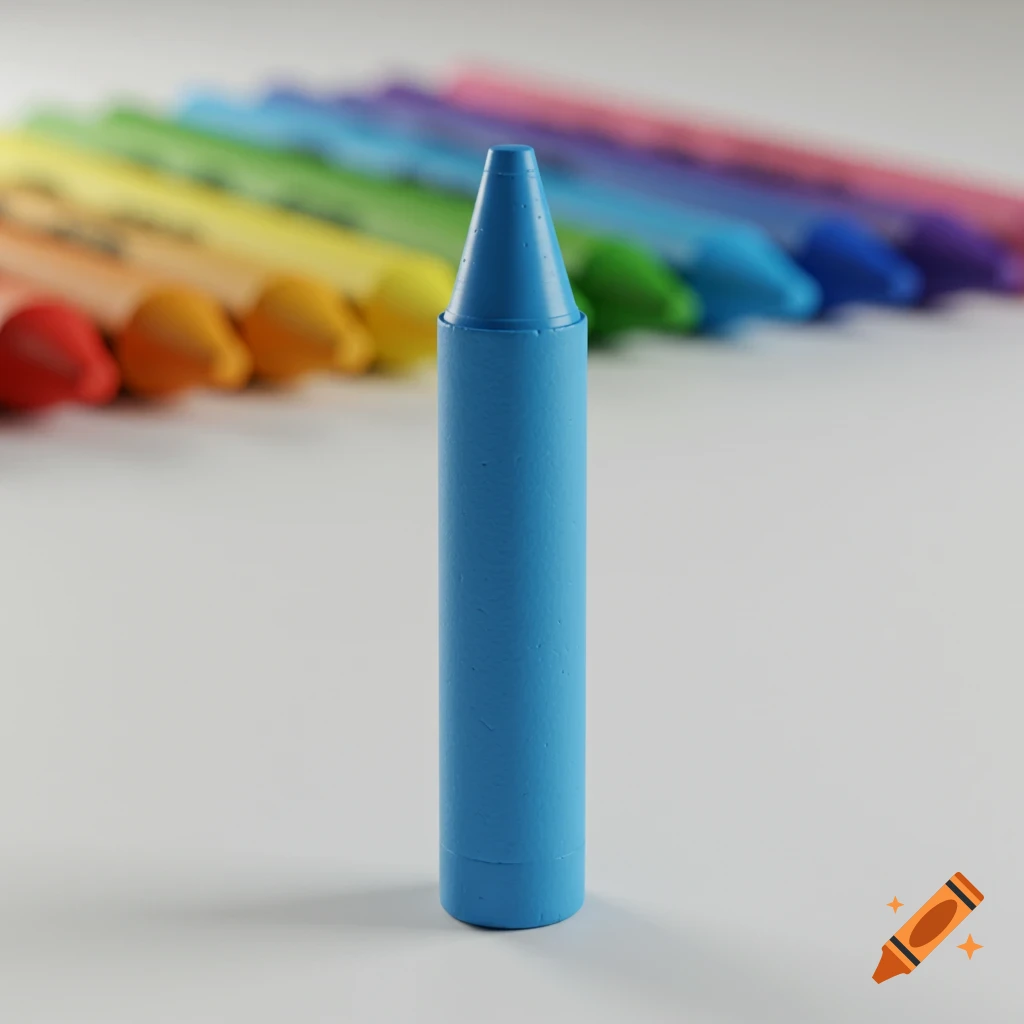 A blue crayon stands upright in the foreground, with a blurred row of rainbow-colored crayons in the background on a white surface.