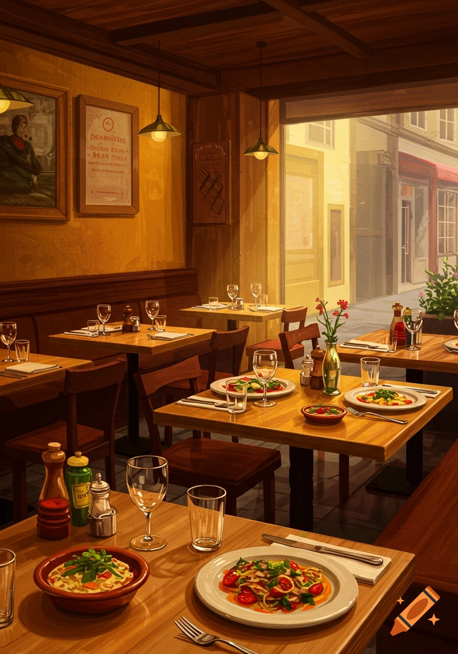 A cozy restaurant interior with wooden tables set with plates of pasta, glasses, and condiments, looking out onto a bright street.