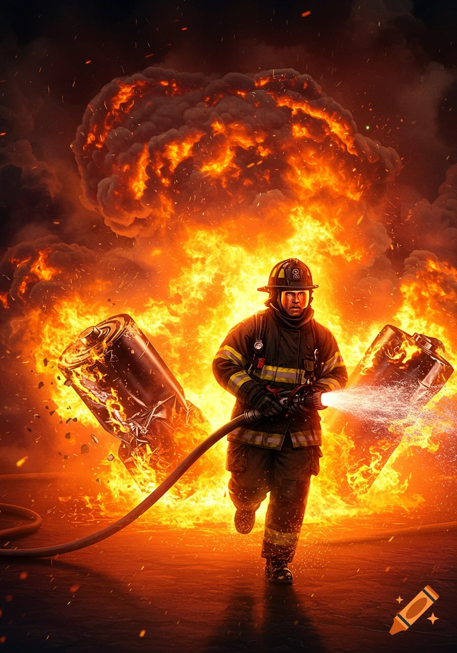 A dramatic, photorealistic image of a firefighter running, spraying water at a huge explosion with fire and flying, deformed battery-like debris.