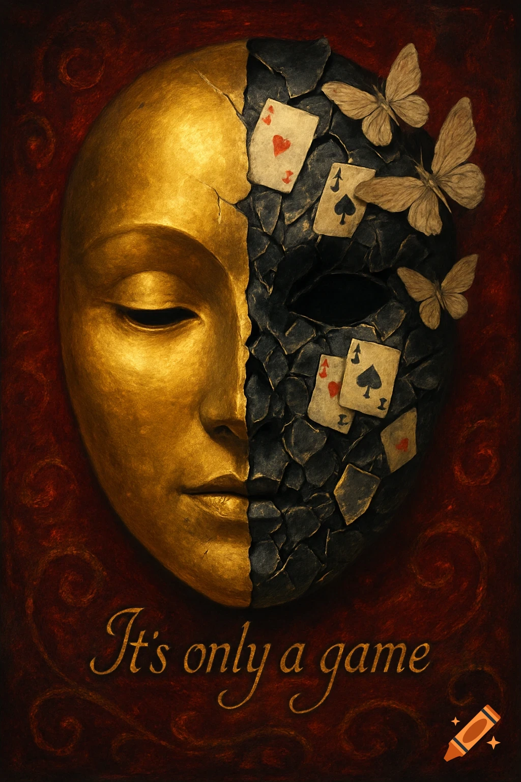 A dramatic split mask, half golden and smooth, half dark and cracked with playing cards and butterflies. Text reads 'It's only a game'.