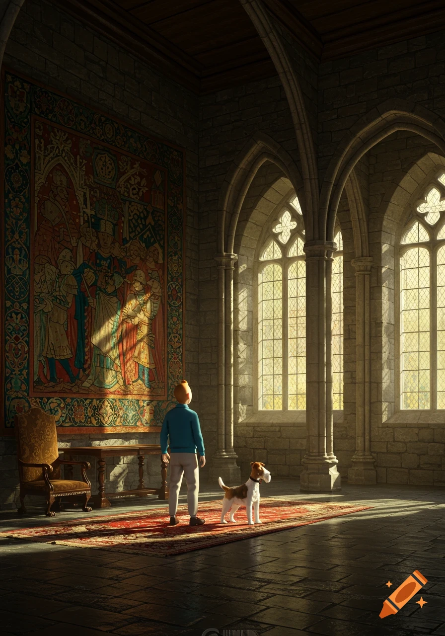 Tintin and Snowy stand in a grand castle hall with gothic windows, gazing at a large medieval tapestry, bathed in sunbeams.