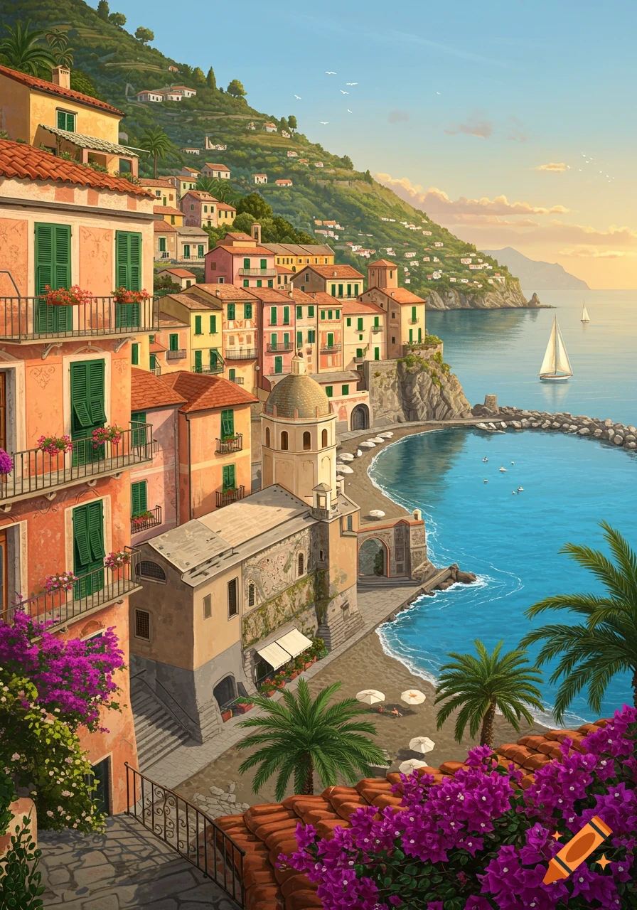 A vibrant illustration of a colorful Italian coastal town with houses built into a green hillside overlooking the turquoise sea with sailboats.