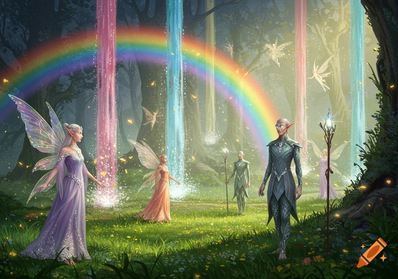 Elves and fairies stand in a magical forest with rainbow waterfalls and a vibrant rainbow arching overhead, digital painting.