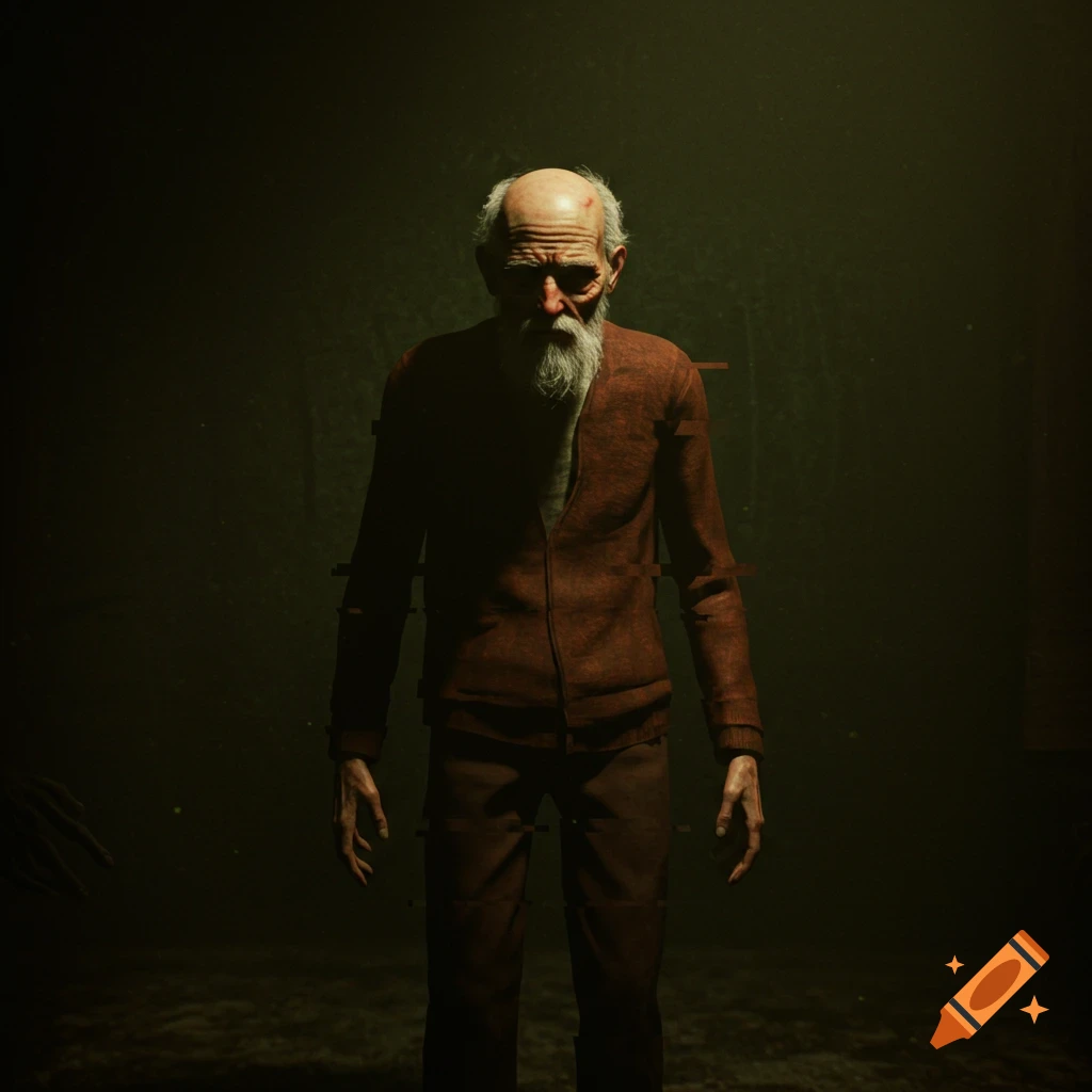 An old man with a bald head and white beard stands in a dark room, illuminated by a harsh frontal flash, evoking a grainy, unsettling analog horror aesthetic.