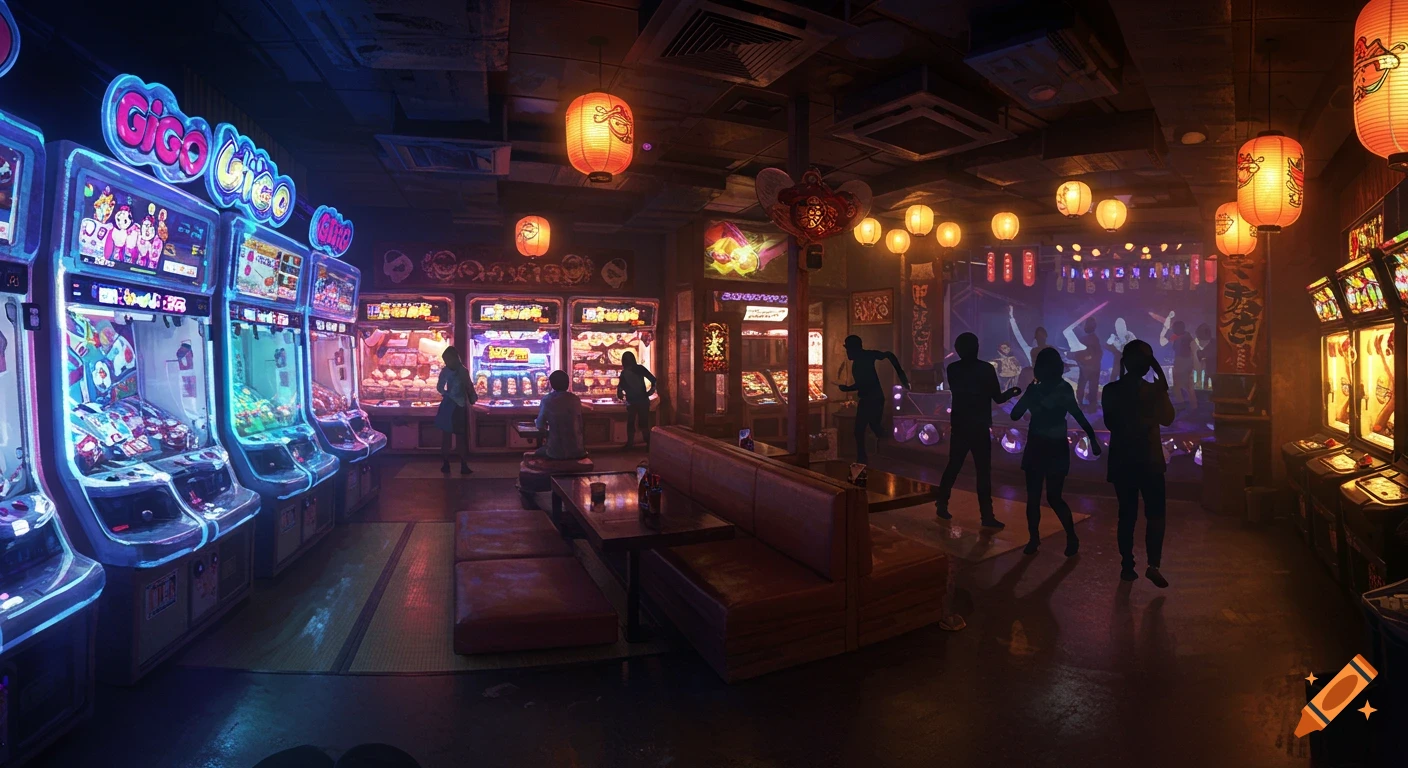 A vibrant, neon-lit Japanese arcade interior with crane machines on the left, a central tatami lounge, and a karaoke/dance area on the right with silhouetted figures.