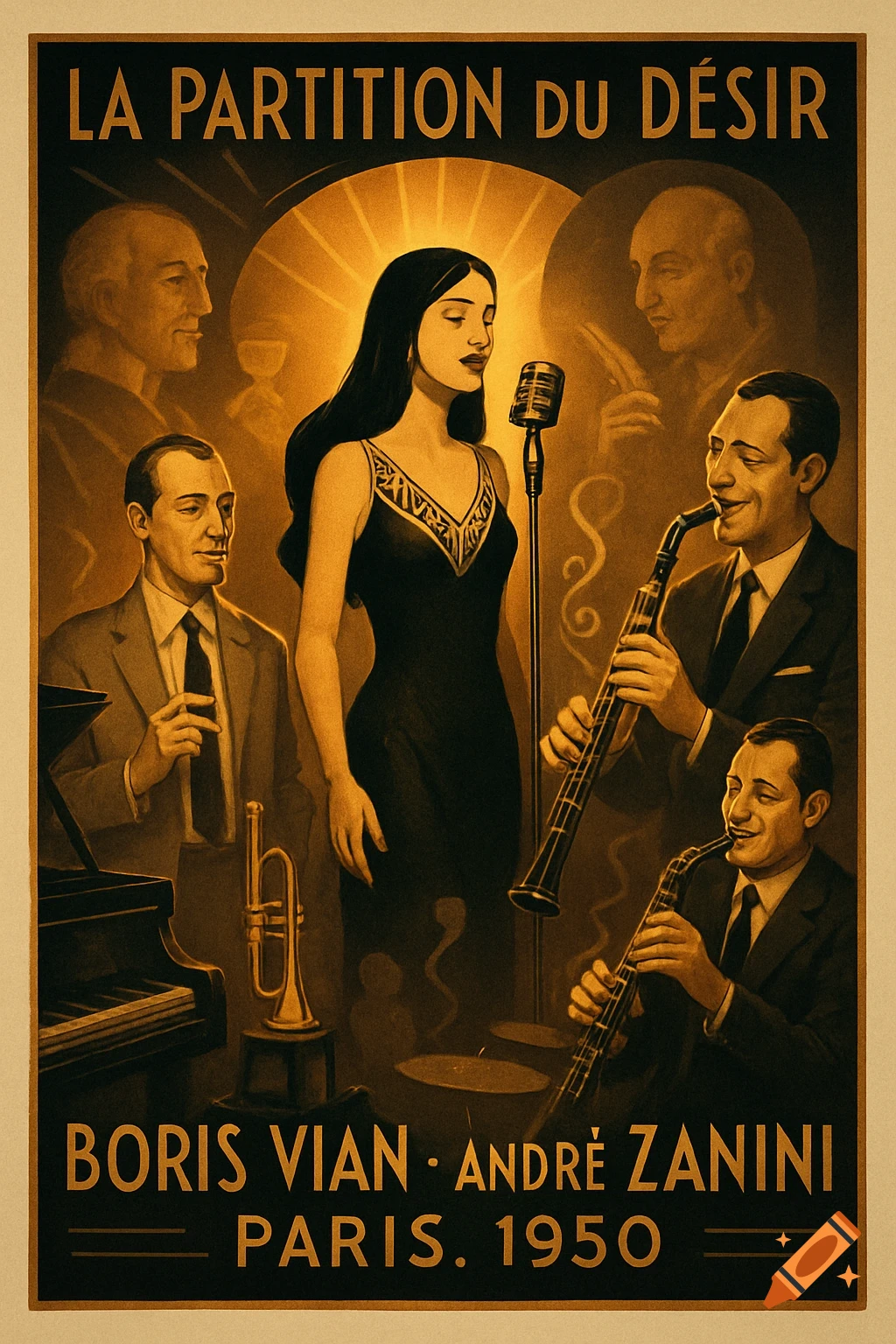 An Art Deco jazz club poster for 'La Partition du Désir' features a female singer, male musicians with instruments, and ghostly silhouettes, in amber gold and black.