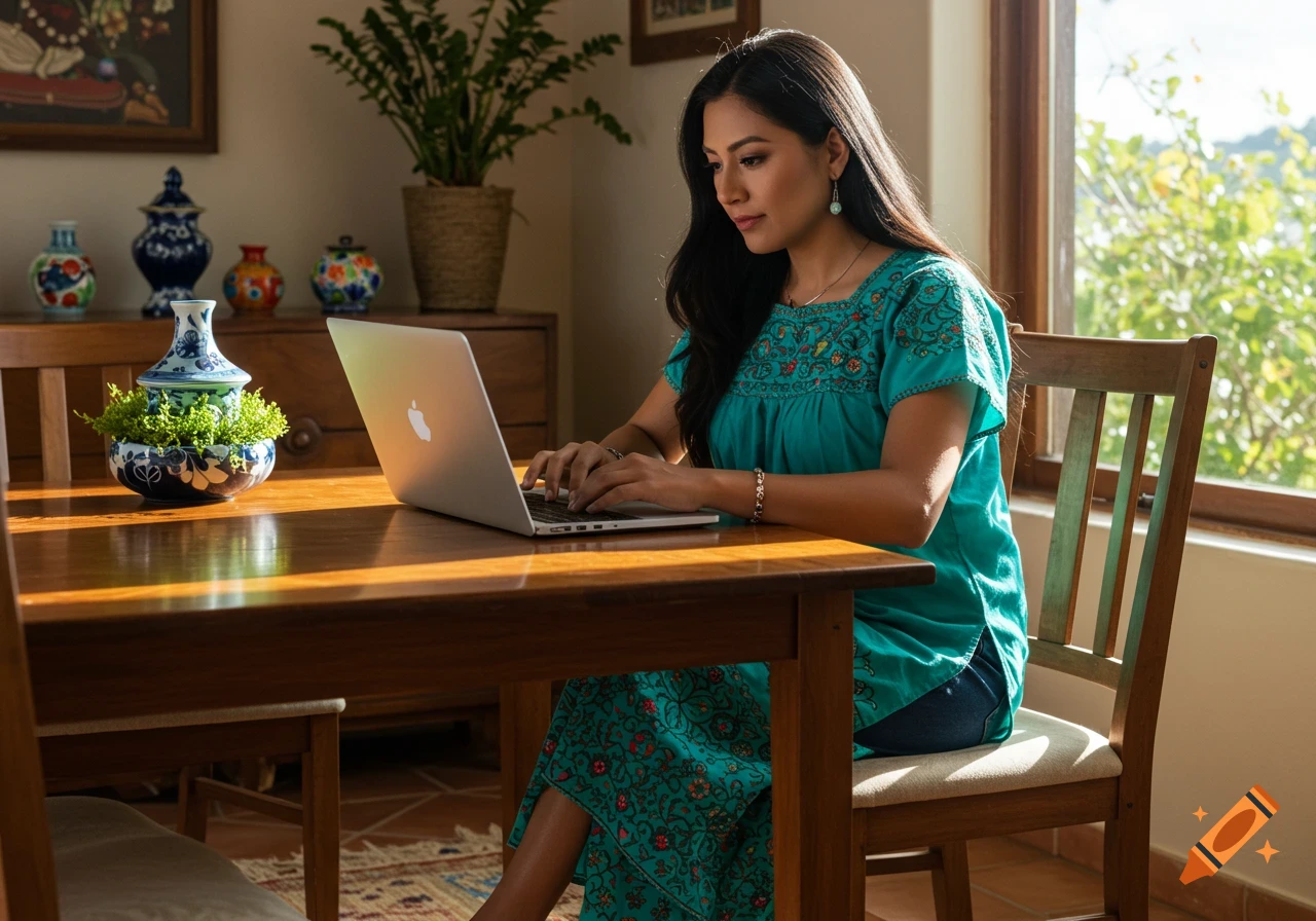 A woman in a teal embroidered dress works on a silver MacBook at a wooden dining table in a sunlit room.