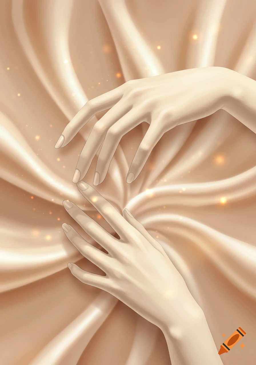 Two pale hands gently touching on a golden, silky, wavy fabric background with sparkling light effects.