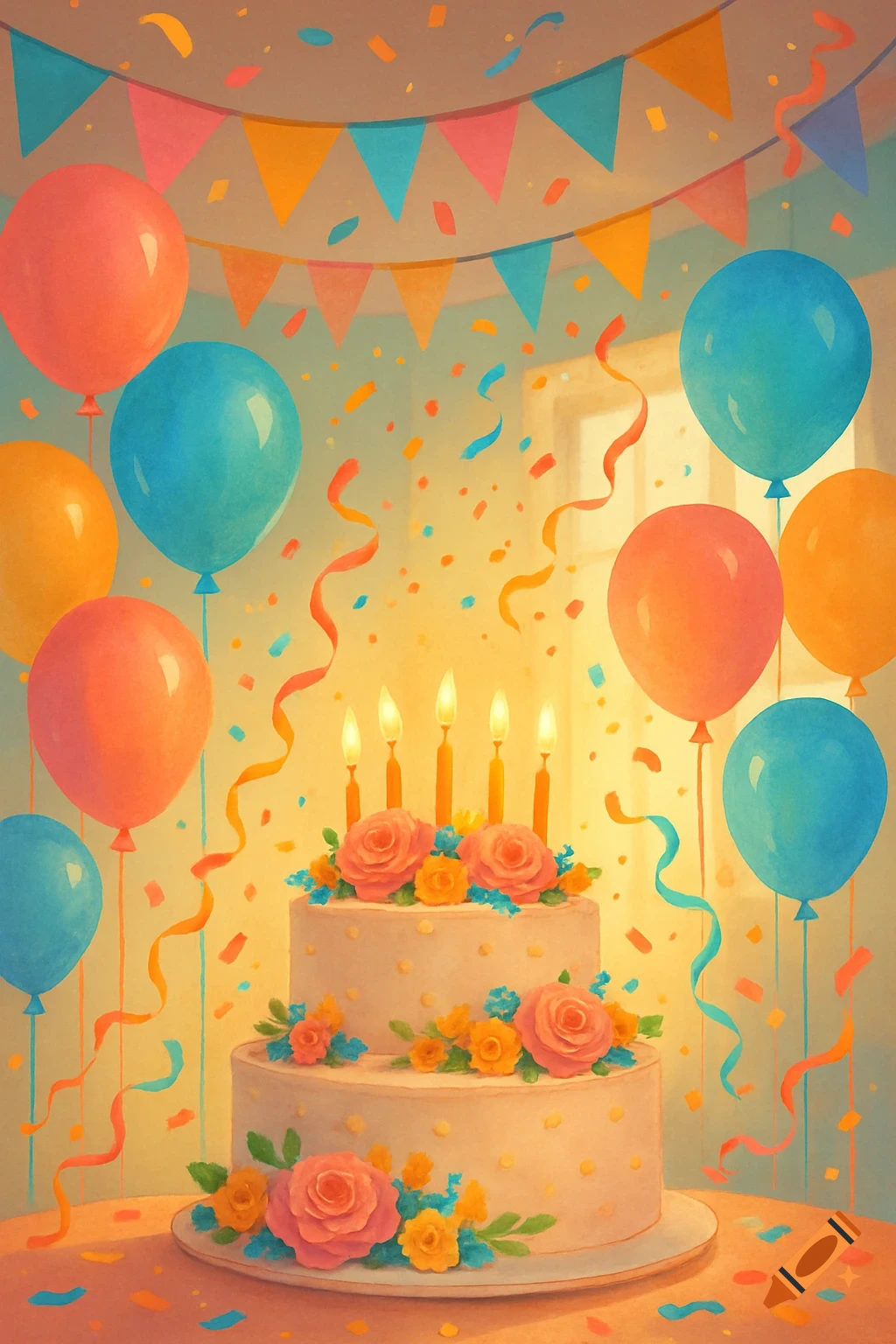 Vibrant painting of a two-tier birthday cake with lit candles and flowers, colorful balloons, confetti, and streamers.