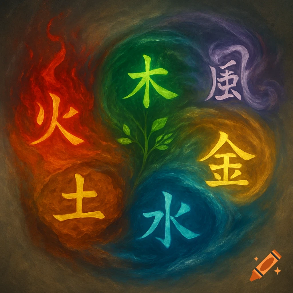 Stylized art depicting six Chinese elements: Fire, Earth, Metal, Wood, Water, and Wind, each with a character and color in a swirling composition.