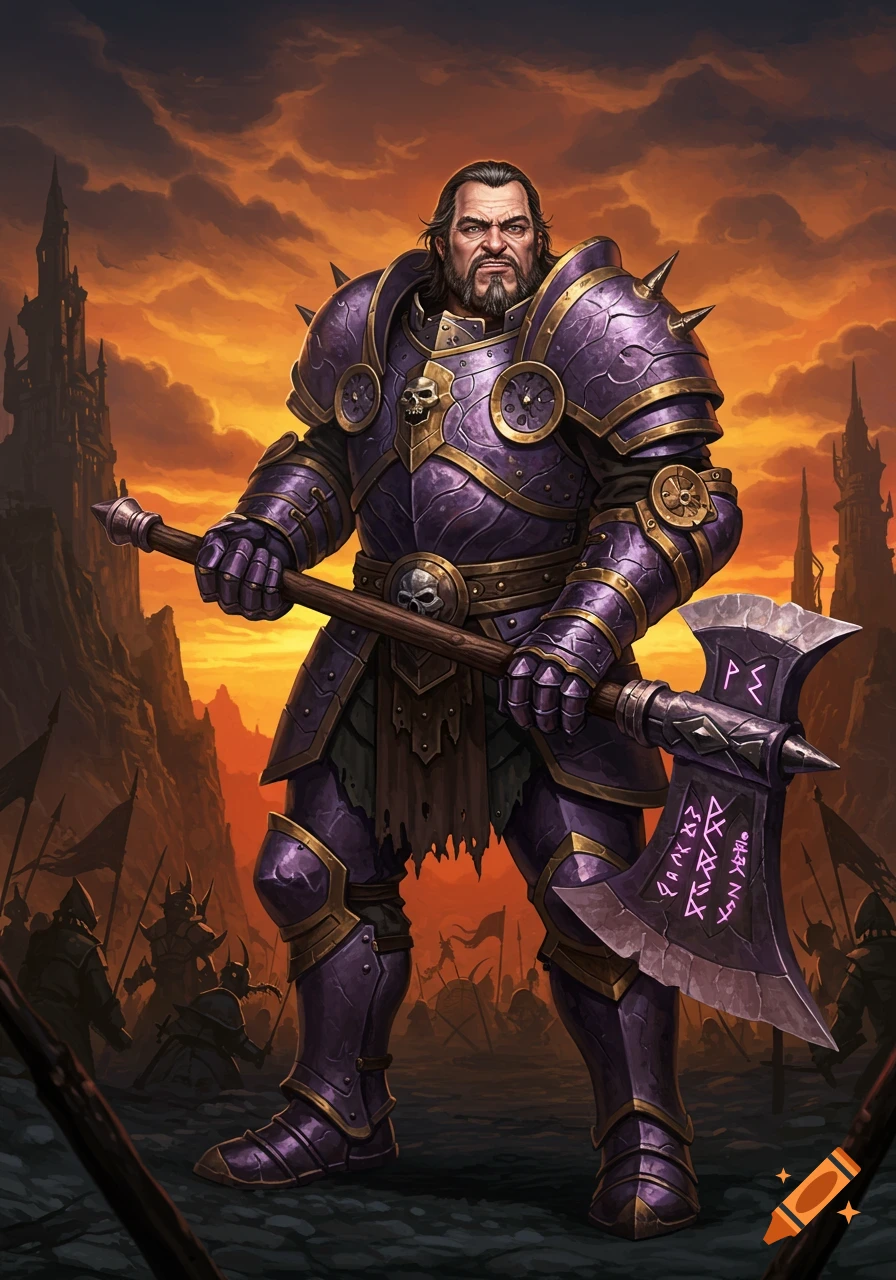 A formidable fantasy warrior in spiked purple and gold armor holds a large axe with glowing runes on a battlefield at sunset.