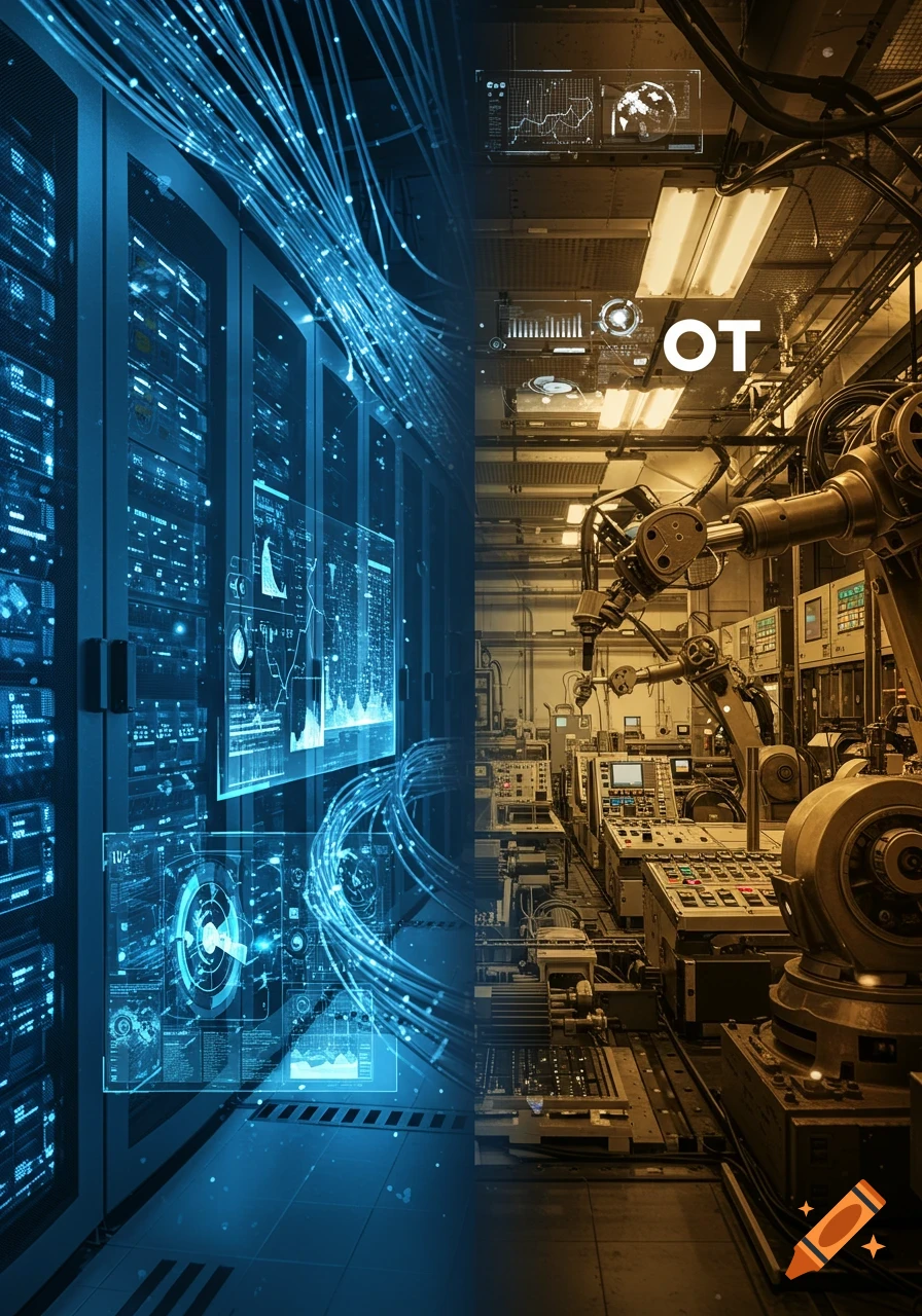 Split image of a blue IT data center with server racks and glowing cables on the left, and a yellow OT industrial factory with robotic arms on the right.