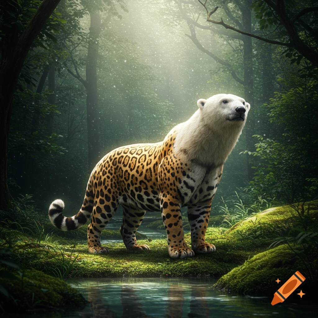 A majestic jaguar and polar bear hybrid creature stands by a forest stream in a mystical, sunlit forest, photorealistic style.