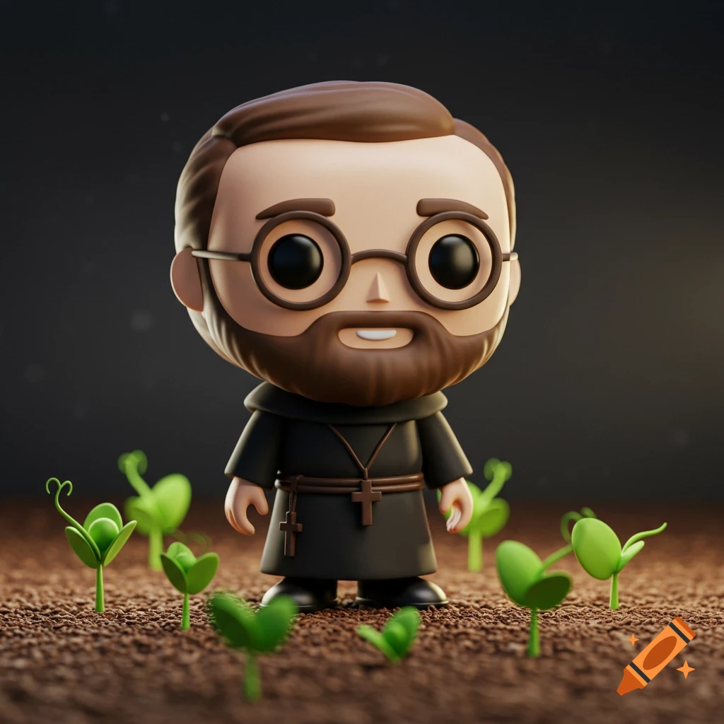 A 3D Funko Pop style figure of Gregor Mendel with a beard and glasses, wearing a dark robe, standing in soil surrounded by small green plants.
