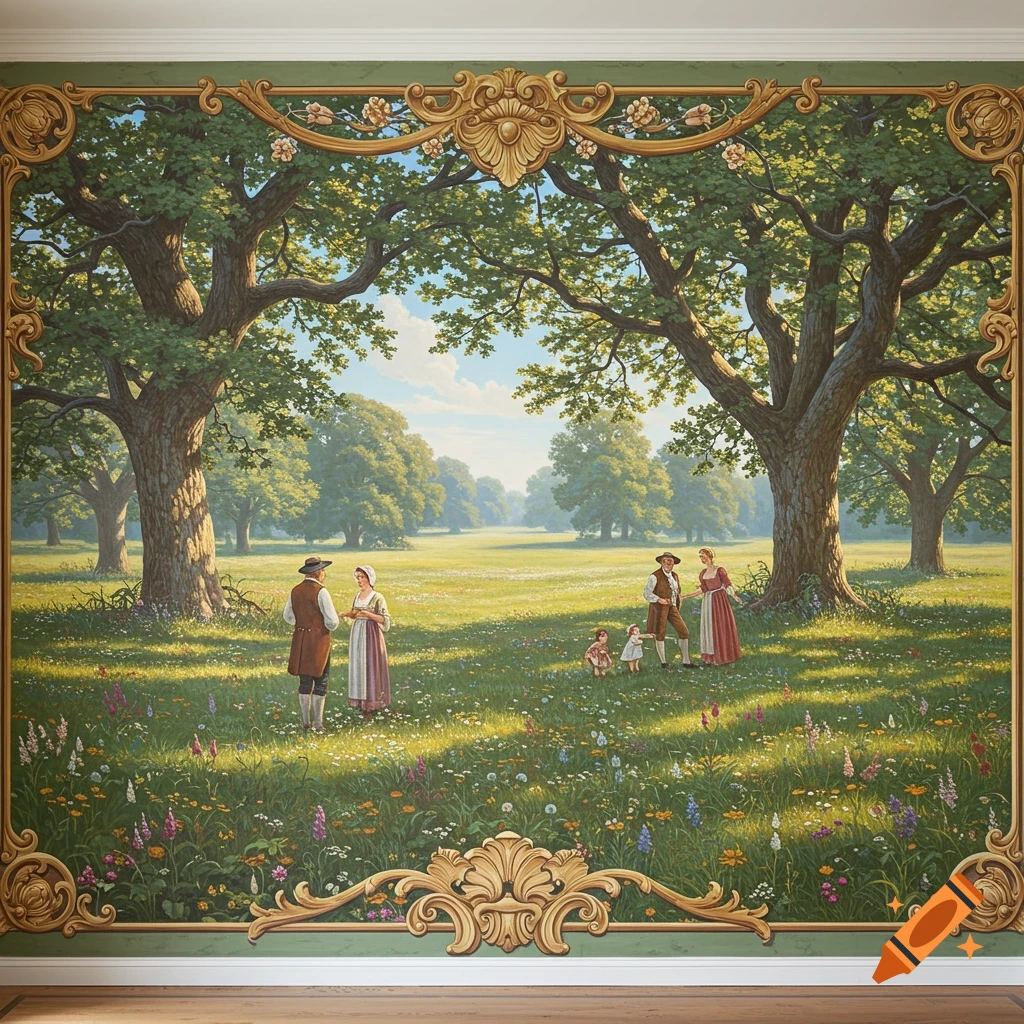 A 19th-century style pastoral painting in an ornate frame depicts people in a sunlit meadow with large trees and wildflowers.