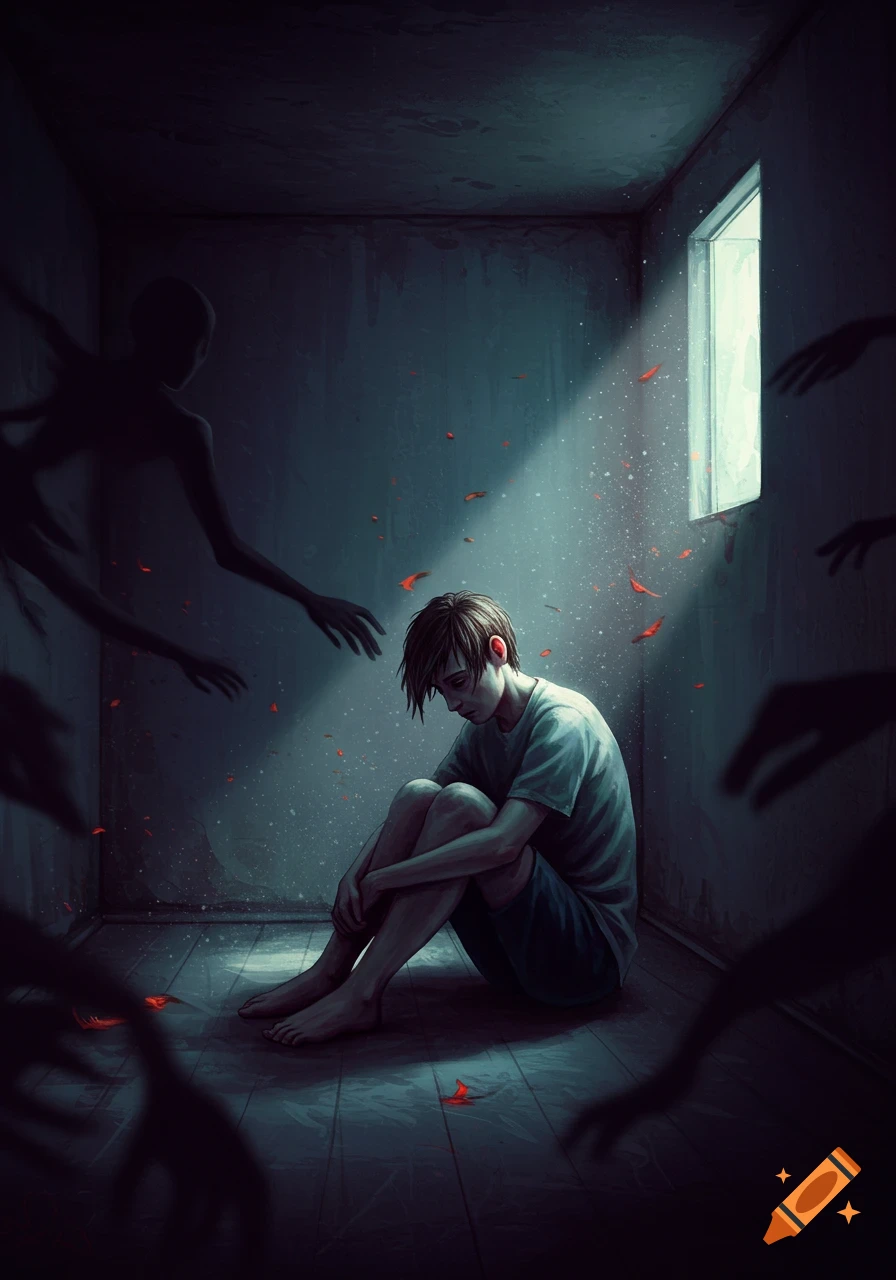 A person sits huddled in a dark room, surrounded by shadowy figures, with a light beam from a window.