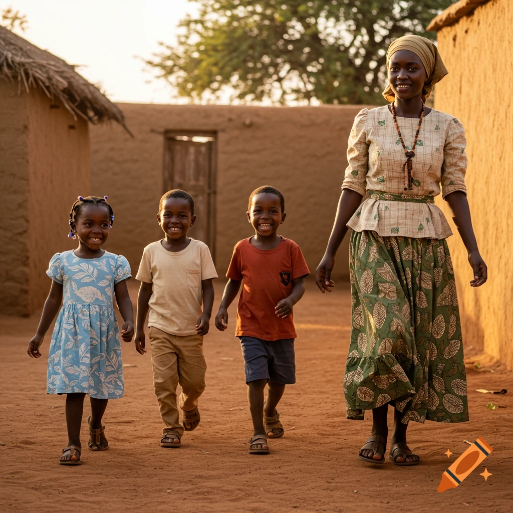 A woman and three smiling children walk on a dirt path between mud houses in a sunlit village.