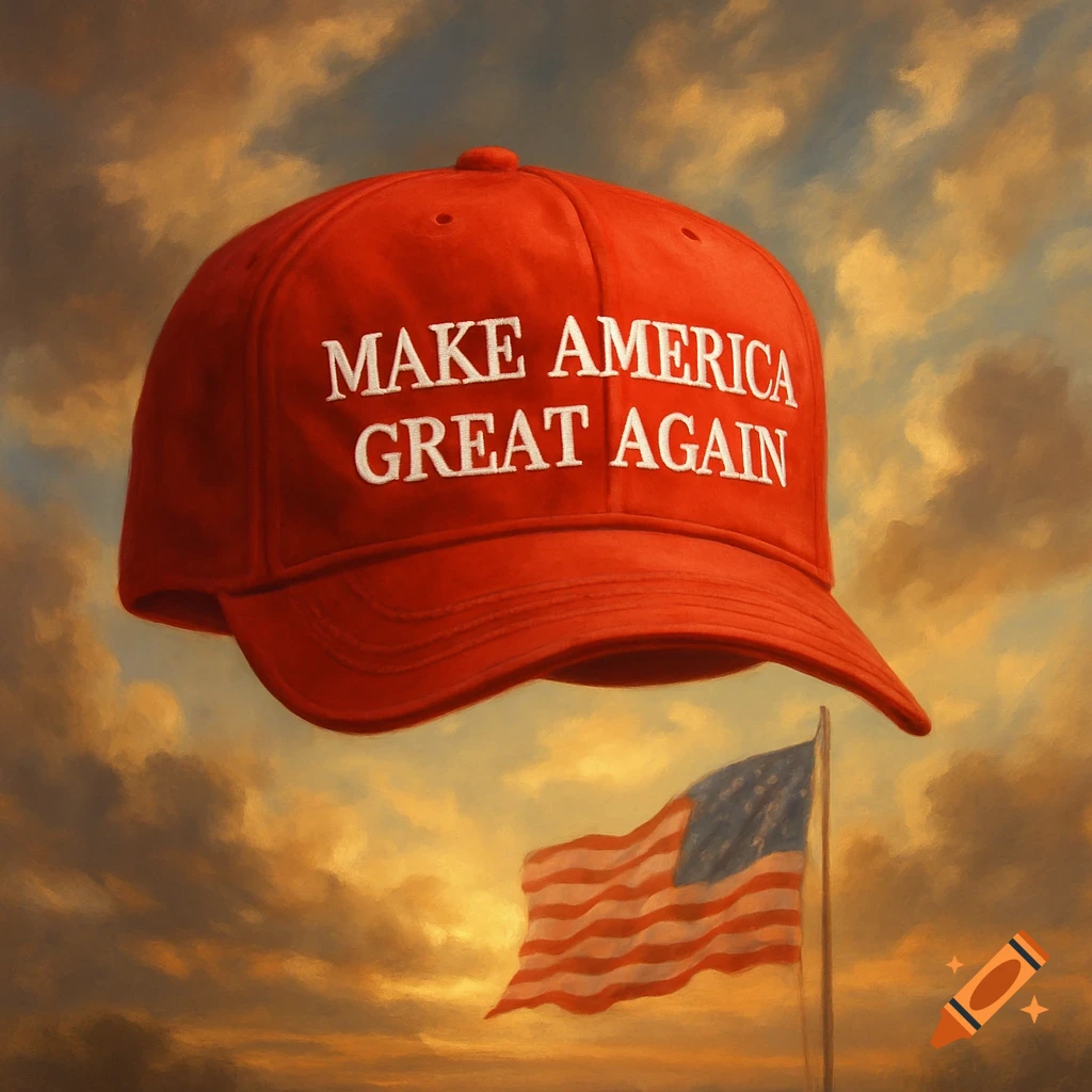 A red baseball cap with "MAKE AMERICA GREAT AGAIN" floats above a waving American flag under a dramatic, cloudy sky, painted in an expressive style.