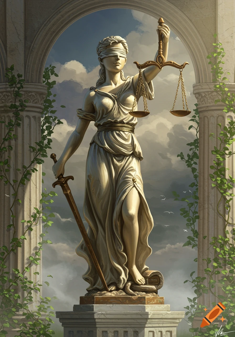 A blindfolded statue of Lady Justice holds scales and a sword, standing on a pedestal amidst classical architecture and vines under a cloudy sky.
