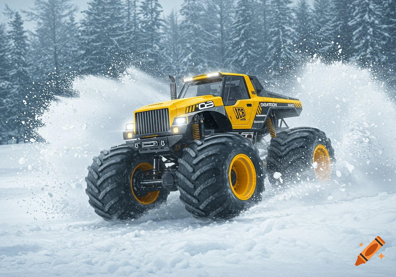 A yellow JCB Digatron monster truck drives through deep snow, kicking up a large spray of white snow in a wintry forest.