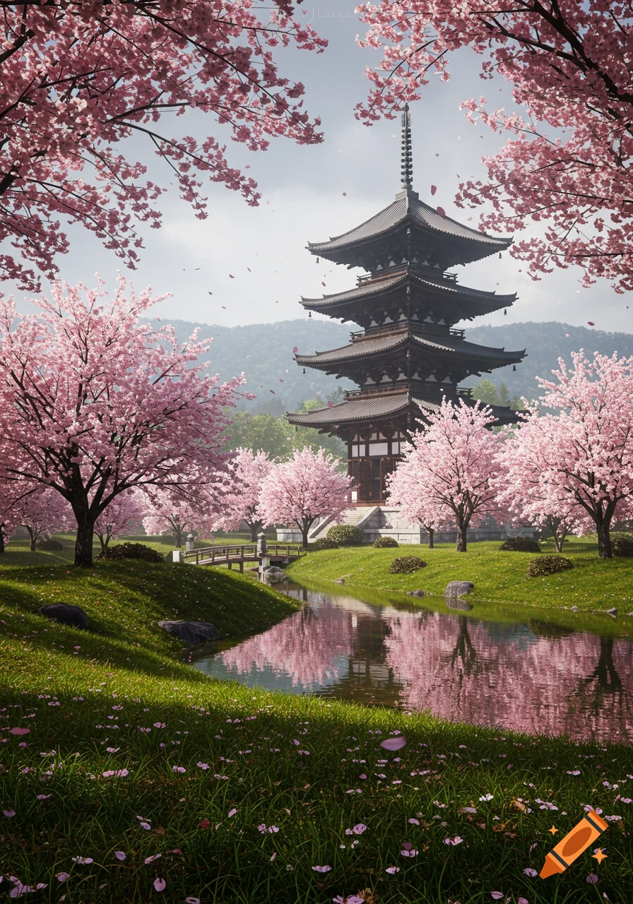 A serene Japanese landscape with a traditional multi-tiered temple surrounded by vibrant pink cherry blossoms, a stream, and green hills.