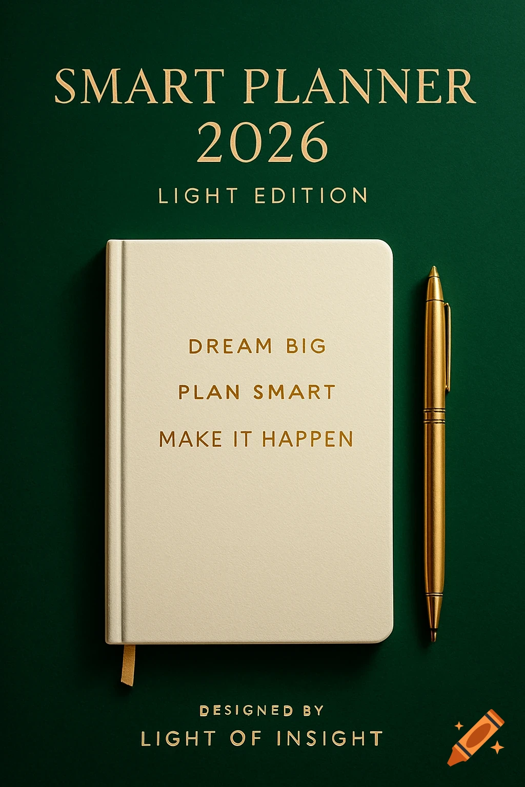 A luxurious ivory white 'Smart Planner 2026 Light Edition' notebook with golden text, including 'Dream Big Plan Smart Make It Happen', lies on a deep emerald green background next to a golden pen.