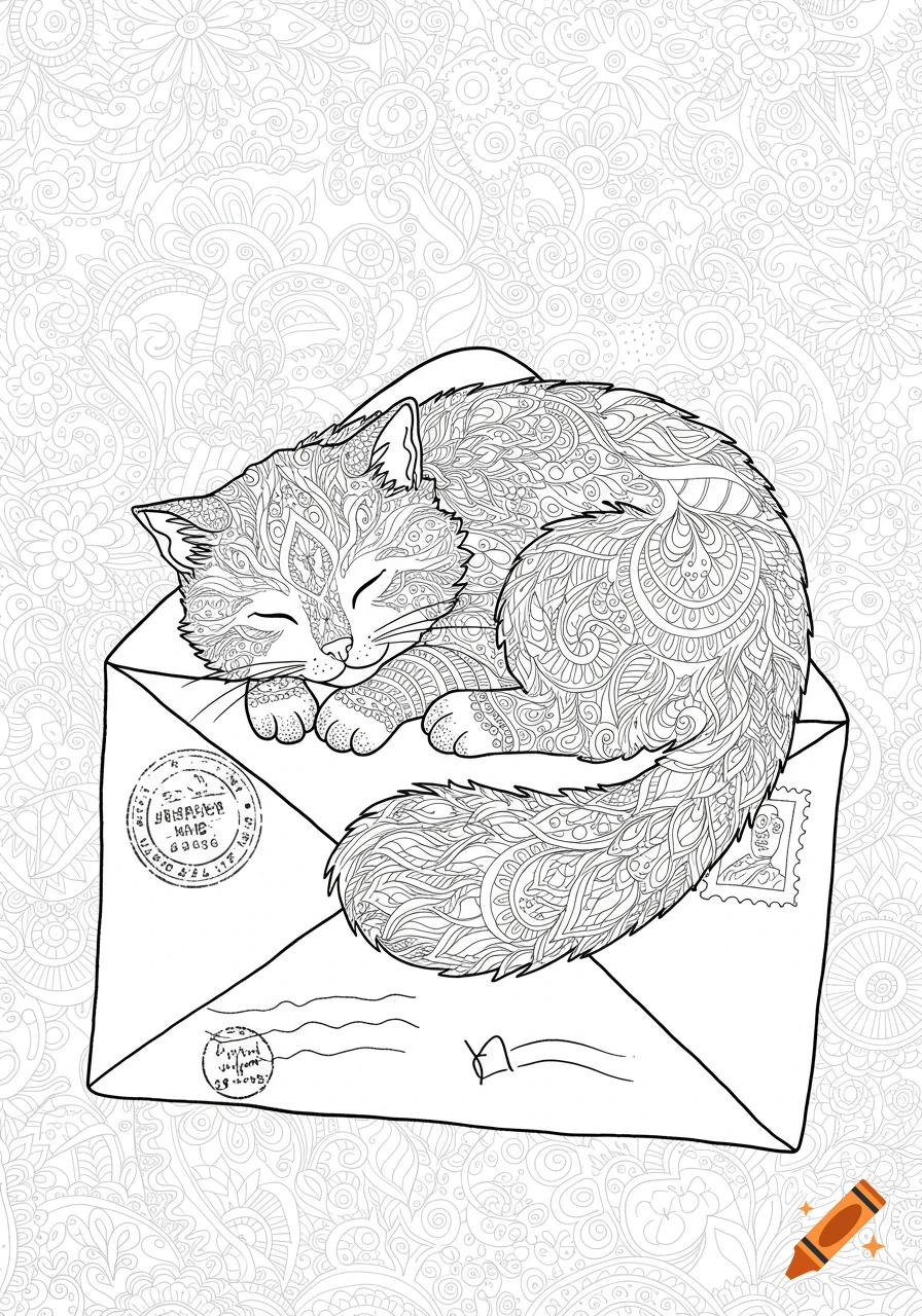 A black and white coloring page features a cat with intricate patterns sleeping peacefully on a large envelope, with a patterned background.